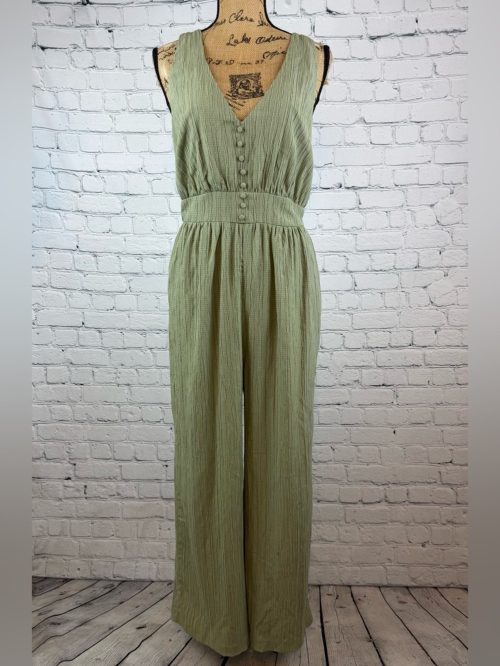 LUSH Green Textured Racerback Button Detail Wide Leg Jumpsuit